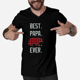 Best Papa Bear Ever Red Plaid Fathers Day Gift Funny Men V-Neck Tshirt - Seseable