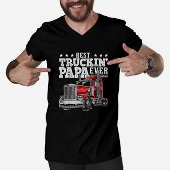 Best Truckin Papa Ever Big Rig Trucker Fathers Day Gift Men V-Neck Tshirt - Seseable