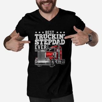 Best Trucking Stepdad Ever Big Rig Trucker Fathers Day Gift Men V-Neck Tshirt - Seseable