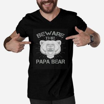 Beware The Papa Bear Funny Camping Men V-Neck Tshirt - Seseable