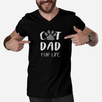 Cat Dad Fur Life Shirt Funny Father Gift Cat Lover Gift Men V-Neck Tshirt - Seseable
