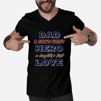 Dad A Sons First Hero A Daughters First Love Father Gift Dt Men V-Neck Tshirt - Seseable