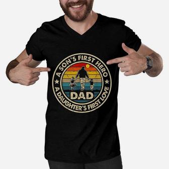 Dad A Sons First Hero A Daughters First Love Fathers Day Men V-Neck Tshirt - Seseable