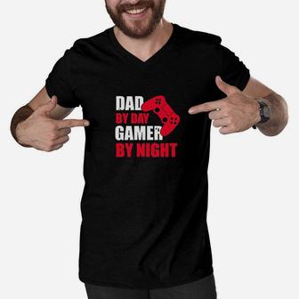 Dad By Day Gamer By Night Funny Gaming Dad Father Gift Fathers Day Men V-Neck Tshirt - Seseable