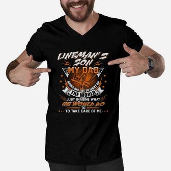 Dad Father Linemans Son Proud Lineman Fathers Day Men V-Neck Tshirt - Seseable