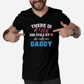 Dad Gifts Shirts Girl Stole My Heart Calls Me Daddy Men V-Neck Tshirt - Seseable