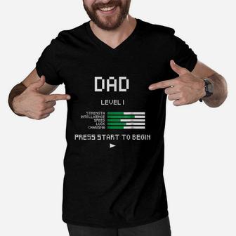 Dad Level 1 Funny Fathers Day New Dad Gamer Men V-Neck Tshirt - Seseable