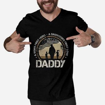 Daddy A Sons First Hero Daughters First Love Military Dad Men V-Neck Tshirt - Seseable