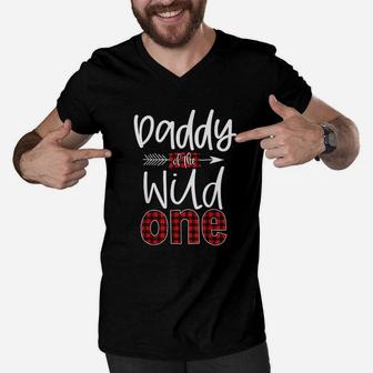 Daddy Of The Wild One Buffalo Plaid Lumberjack Men V-Neck Tshirt - Seseable