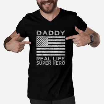Daddy Real Life Super Hero Funny Day Gift For Dad Men V-Neck Tshirt - Seseable