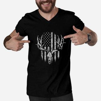 Deer Skull Hunters America Flag Father Day Hunting Lover Men V-Neck Tshirt - Seseable