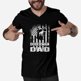Doberman Dad American Flag Dog Lovers Fathers Day Men V-Neck Tshirt - Seseable