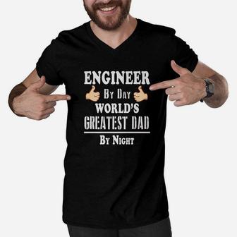 Fathers Day Engineer By Day Worlds Greatest Dad By Night Premium Men V-Neck Tshirt - Seseable