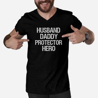 Fathers Day Gift Husband Daddy Protector Hero Dad Men V-Neck Tshirt - Seseable