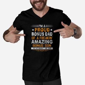 Funny Bonus Dad Shirt Fathers Day Gift Bonusson Bonusdad Premium Men V-Neck Tshirt - Seseable