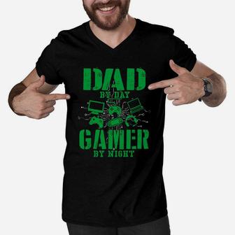 Funny Fathers Day Shirt Dad By Day Gamer By Night Video Game Men V-Neck Tshirt - Seseable