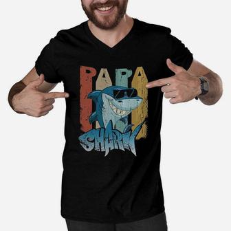 Funny Papa Shark Retro Classic, dad birthday gifts Men V-Neck Tshirt - Seseable