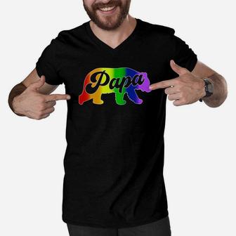Gay Dad Shirt Papa Bear Pride Rainbow Colors Fathers Day Men V-Neck Tshirt - Seseable
