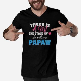 Grandpa Gifts Girl Stole My Heart Calls Me Papaw Men V-Neck Tshirt - Seseable