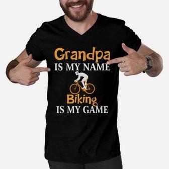 Grandpa Is My Name Biking Is My Game Fathers Day Men V-Neck Tshirt - Seseable