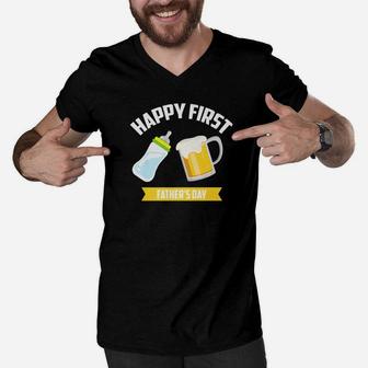 Happy First Fathers Day Shirt Cool New Dads Gift Men V-Neck Tshirt - Seseable