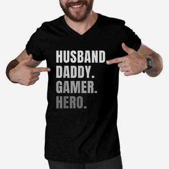 Husband Dad Father Gamer Gaming Men V-Neck Tshirt - Seseable