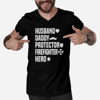 Husband Daddy Protector Firefighter Hero Men V-Neck Tshirt