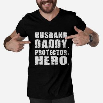 Husband Daddy Protector Hero, dad birthday gifts Men V-Neck Tshirt - Seseable