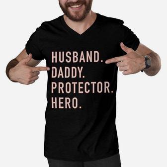 Husband Daddy Protector Hero Father Dad Men V-Neck Tshirt - Seseable