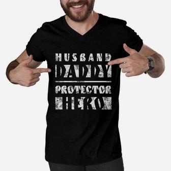 Husband Daddy Protector Hero Father Men V-Neck Tshirt - Seseable