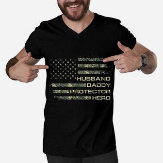 Husband Daddy Protector Hero Fathers Day Flag Gift Men V-Neck Tshirt - Seseable