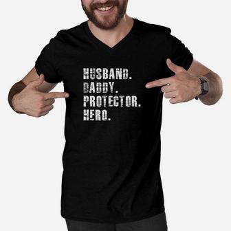 Husband Daddy Protector Hero Fathers Day Shirt 2 Men V-Neck Tshirt - Seseable