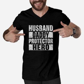 Husband Daddy Protector Hero Fathers Day Shirt Men V-Neck Tshirt - Seseable