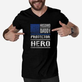 Husband Daddy Protector Hero For Police Officer Premium Men V-Neck Tshirt - Seseable