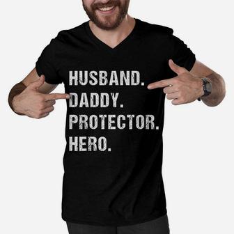 Husband Daddy Protector Hero Gift For Dad Fathers Day Men V-Neck Tshirt - Seseable