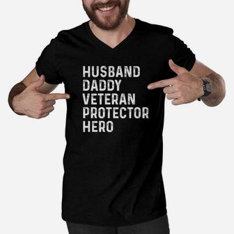 Husband Daddy Veteran Dad Protector Hero Fathers Day Gifts Premium Men V-Neck Tshirt - Seseable