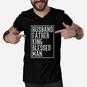 Husband Father King Blessed Man Black Pride Dad Gift Men V-Neck Tshirt - Seseable