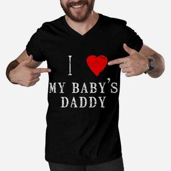 I Heart Love My Babys Daddy Couples Valentines Day Men V-Neck Tshirt - Seseable