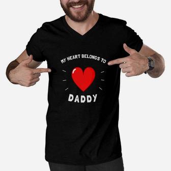 Kids Girls Valentines Day My Heart Belongs To Daddy Men V-Neck Tshirt - Seseable