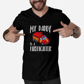 Kids My Daddy Is A Firefighter Shirt Funny Kids Firetruck Men V-Neck Tshirt - Seseable