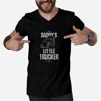 Kids Semi Truck Boys Gift Daddys Little Trucker Men V-Neck Tshirt - Seseable