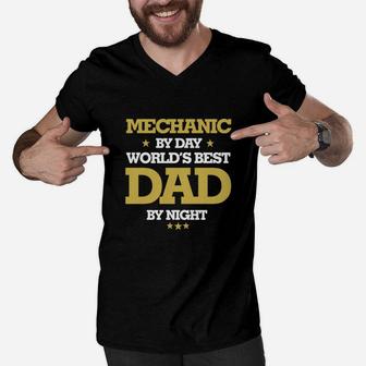Mechanic By Day Worlds Best Dad By Night, Mechanic Shirts, Mechanic T Shirts, Father Day Shirts Men V-Neck Tshirt - Seseable
