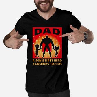 Mens A Sons First Hero A Daughter First Love Dad Father Day Gift Men V-Neck Tshirt - Seseable