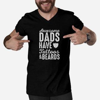 Mens Awesome Dads Have Tattoos And Beards Bearded Dad Gift Men V-Neck Tshirt - Seseable