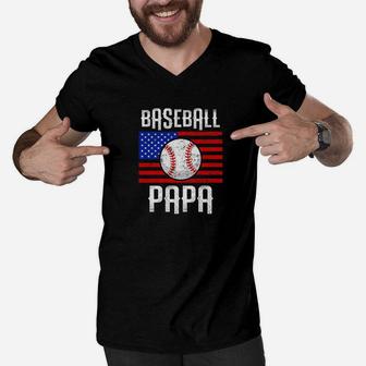 Mens Baseball Papa American Flag Shirt Baseball Game Grandpa Gift Premium Men V-Neck Tshirt - Seseable