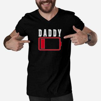 Mens Daddy Battery Low Battery Funny Tired Parenting Men V-Neck Tshirt - Seseable