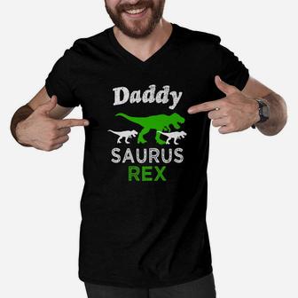 Mens Daddy Saurus Rex Shirt Fathers Day Dinosaur Gift Men V-Neck Tshirt - Seseable