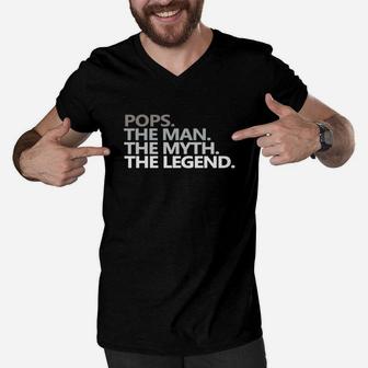 Mens Fathers Day Dad T Shirt Pops The Man The Myth The Legend Black Men Men V-Neck Tshirt - Seseable