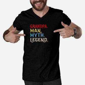 Mens Grandpa Man Myth Legend Gift For Grandfather Papa Men V-Neck Tshirt - Seseable