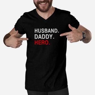 Mens Husband Daddy Protector Hero Cool Fathers Day Gift Men V-Neck Tshirt - Seseable
